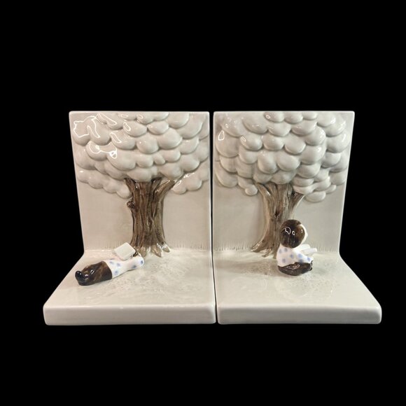 Fitz & Floyd Boy & Girl Reading Book Under Tree Bookends Japan Vintage 1976 - Picture 1 of 15